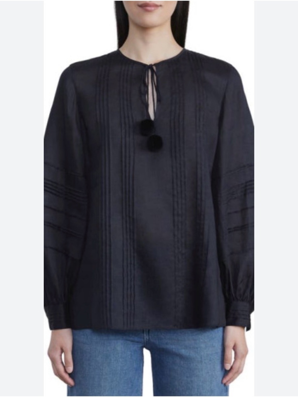 Lafayette 148 Top Women’s M Black Long-Sleeve Pom Tie Peasant Blouse